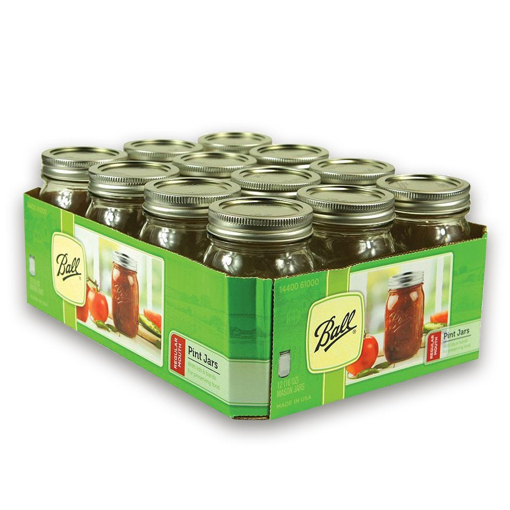 Ball 61000 Regular Mouth Mason Jars, 1 Pint (16 Oz), Box Of 12